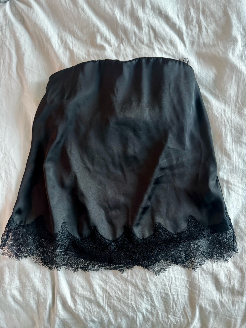 Black Satin Lace Trim Strapless Top